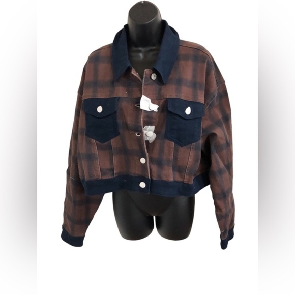 WeWoreWhat modern plaid stretch twill colorblock denim jacket size medium new - Picture 4 of 17